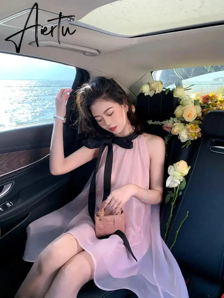 Aiertu French Pink Sleeveless Bow Neck Sleeveless Strap Dress for Women Even Party Korean Y2k Mini Dress Office Lady Summer Elegant Aiertu