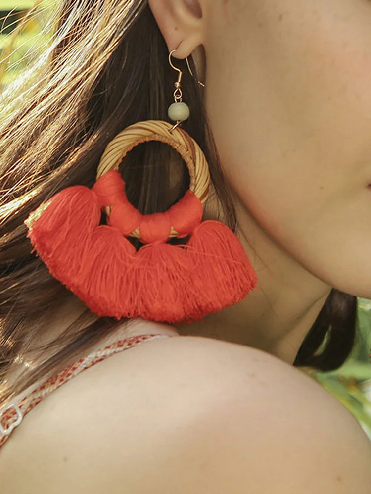 Ethnic Handmade Rattan Weaving Tassel Earrings