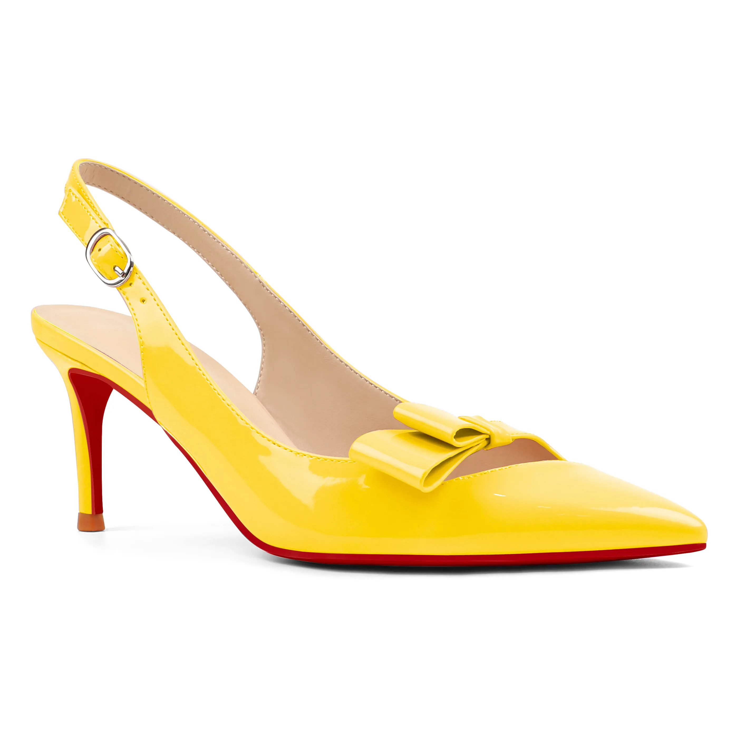 65mm Women's Stiletto Mid Heels Pumps Pointed Toe With Bows Slingback Red Bottoms Prom Sandals Shoes-vocosishoes