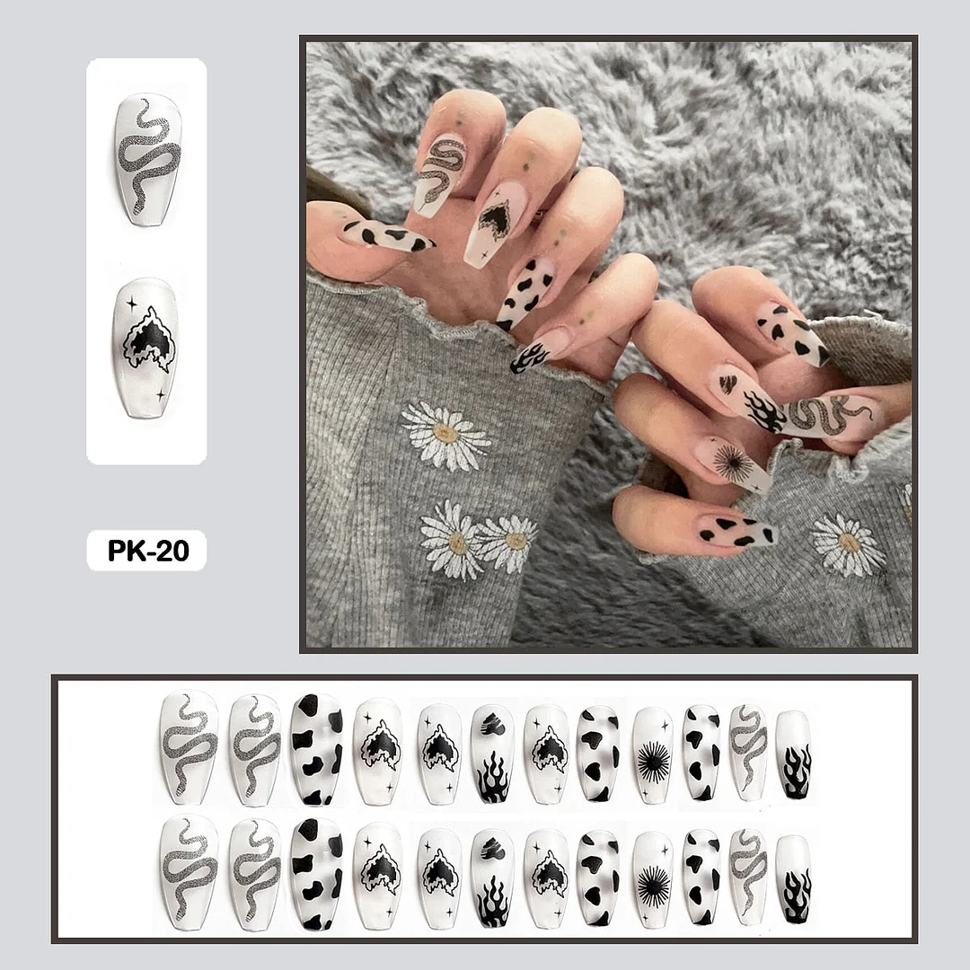 24PCS Dark Punk False Nails with Glue Gradient Long Detachable Fire Stick on Nails Skull Flame  Art DIY Fashion Manicure Tool-Nail Inspo