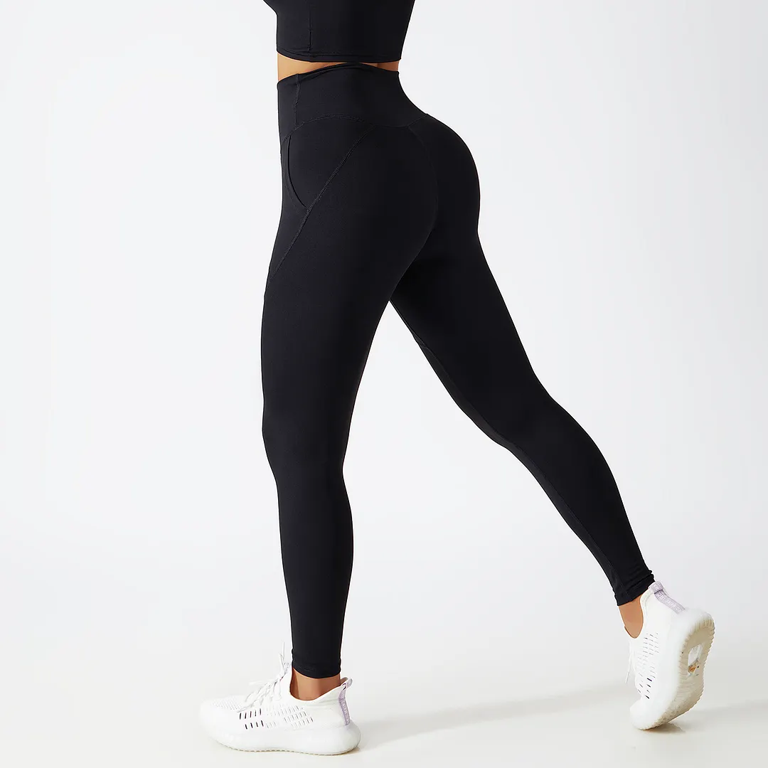 Buy Hergymclothing Black renewable fabric sustainable no front seam yoga leggings with side pockets at an affordable price