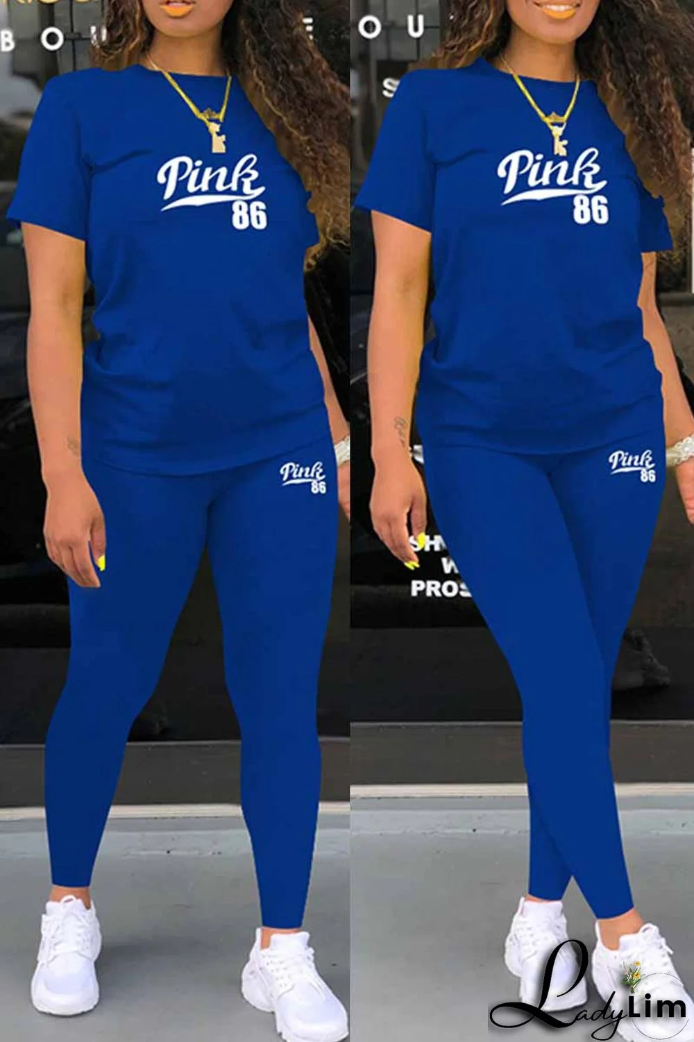 Grey Casual Print Letter O Neck Short Sleeve Two Pieces