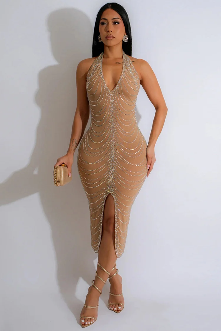 Rhinestone Decor Halter Neck Bodycon Slit Party Midi Dresses-Black