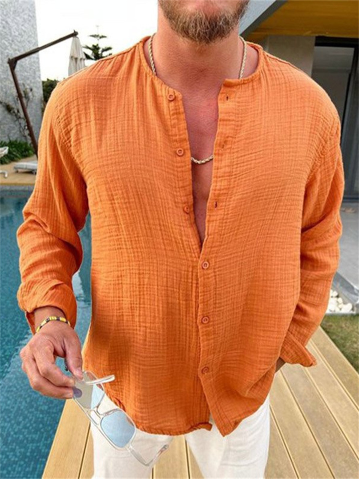 Double Wrinkle Men's Loose Casual Wrinkle Long Sleeve Shirt Stand Collar Shirt Orange Black Gray