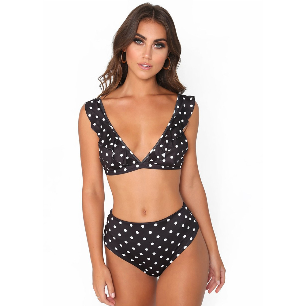 Mature Women Polka Dot Print Swimsuit Deep V-neck Bikini Set Summer Beach