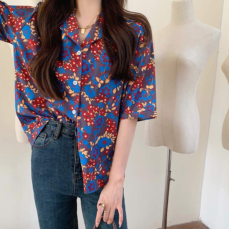 Vintage Floral Print Pocket Loose T-Shirt