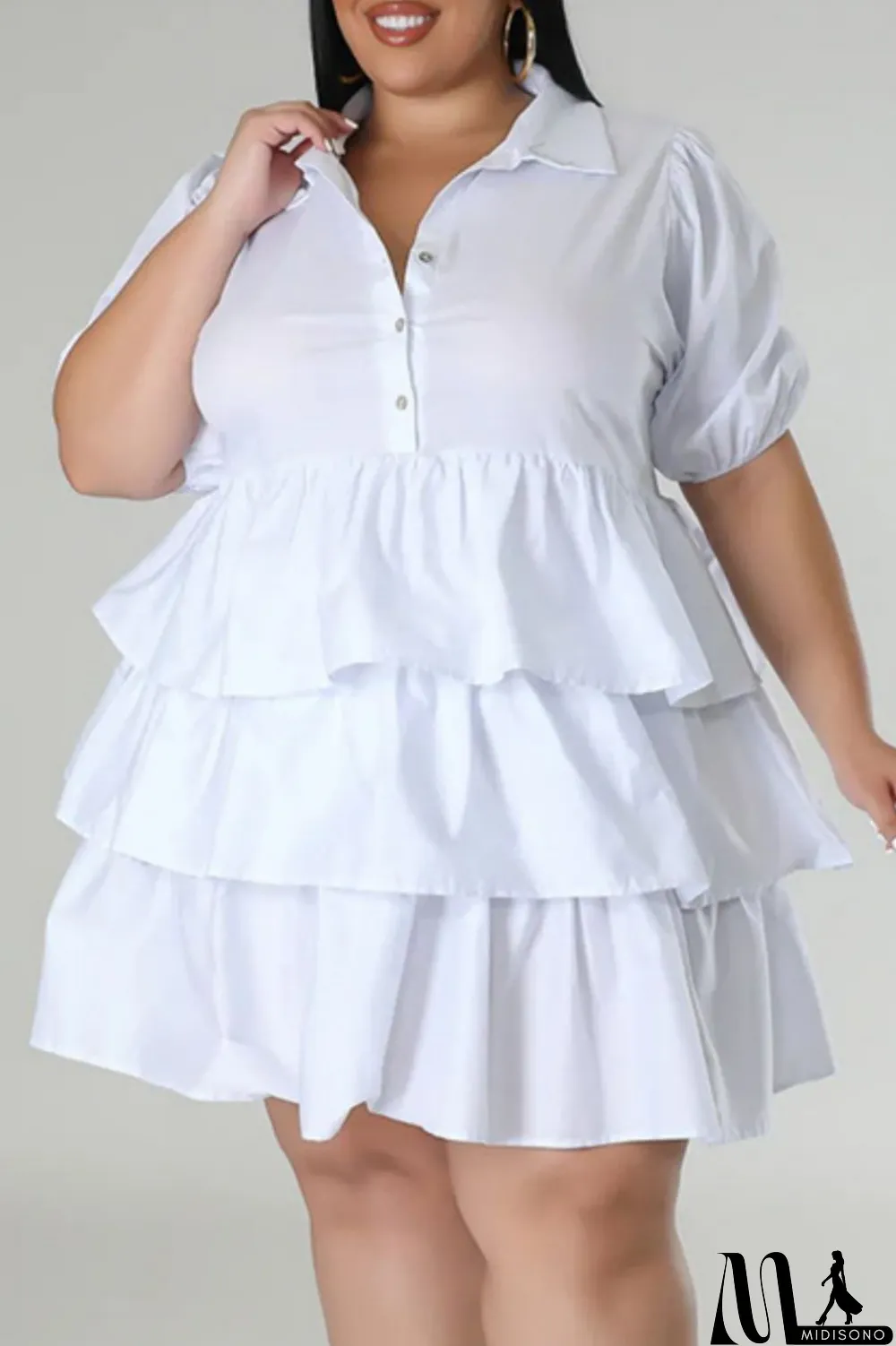 MidiSono - Light Blue Casual Solid Patchwork Turndown Collar Cake Skirt Plus Size Dresses