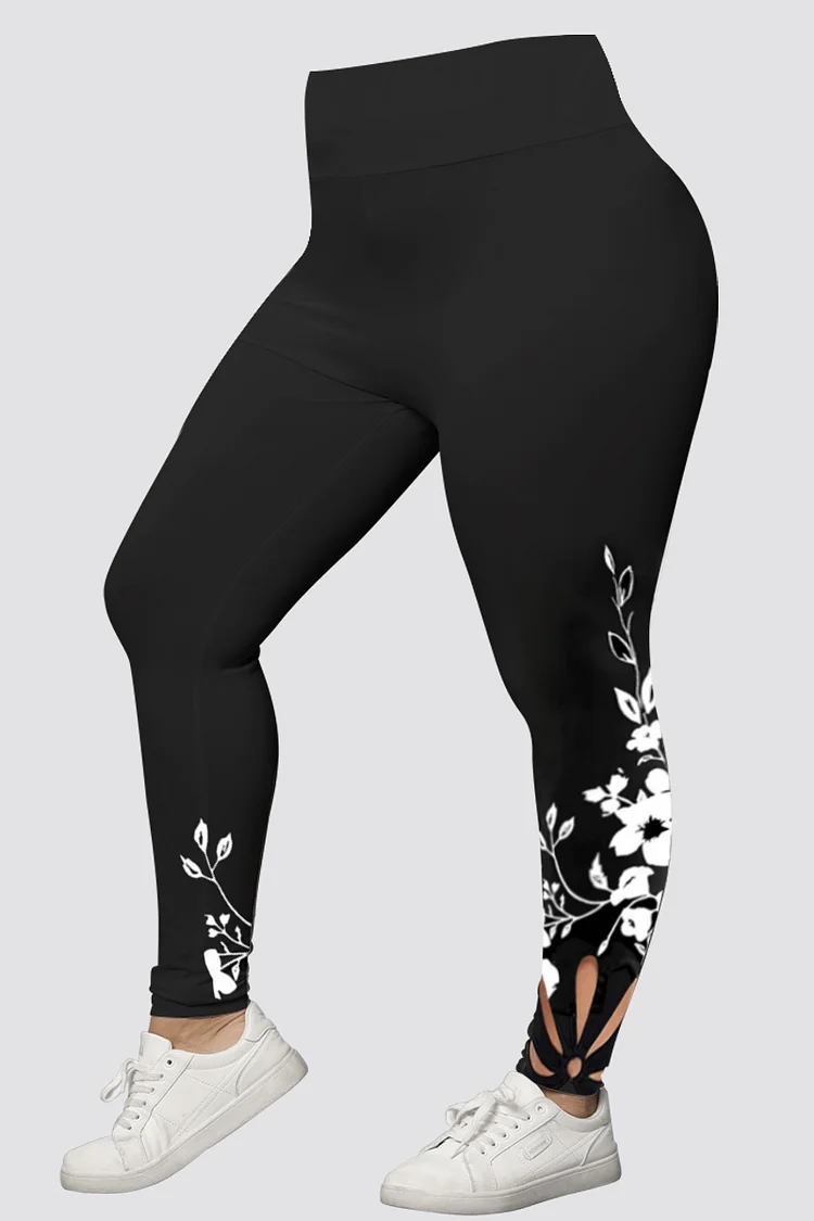 Casual Black Flower Print Hollow Out Legging  Flycurvy [product_label]