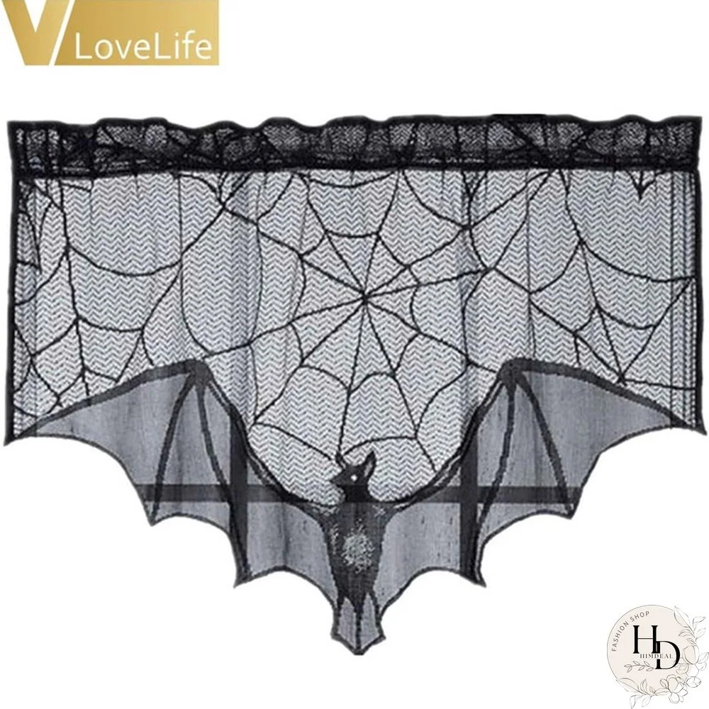 Bat Black Lace Spider Web Landshade Topper Lamp Shades Fireplace Mantle Halloween Decoration 93x57cm