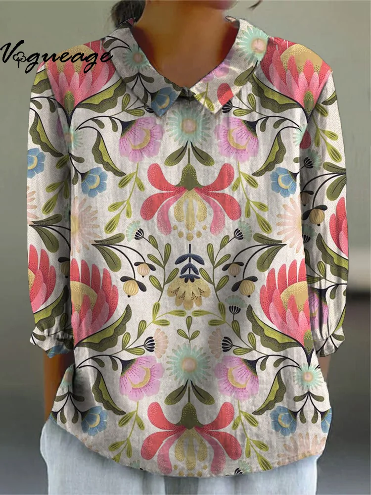 Gentle Elegant And Generous Flowers Printed Cotton And Linen Shirt