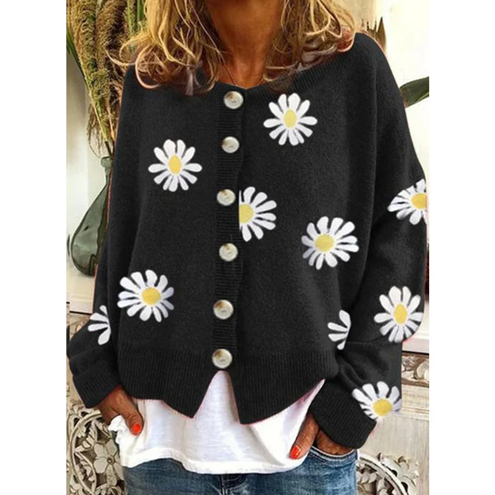 Casual Small Daisy Print Knitted Cardigan