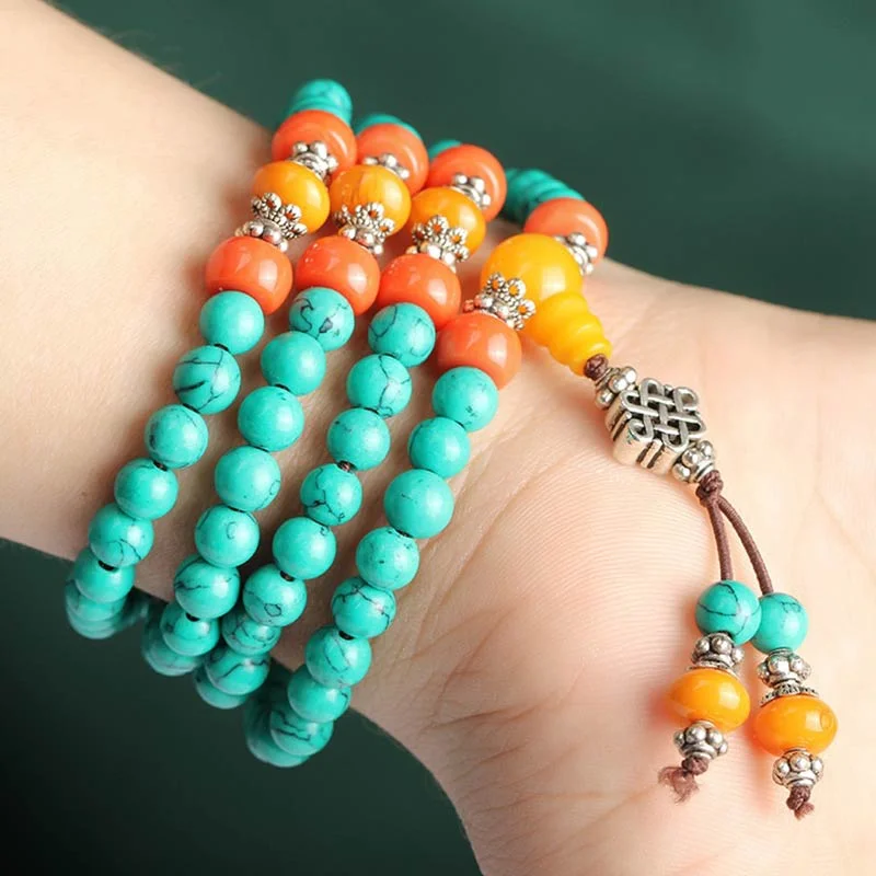 Tibetan Turquoise Amber 108 Beads Protection Bracelet