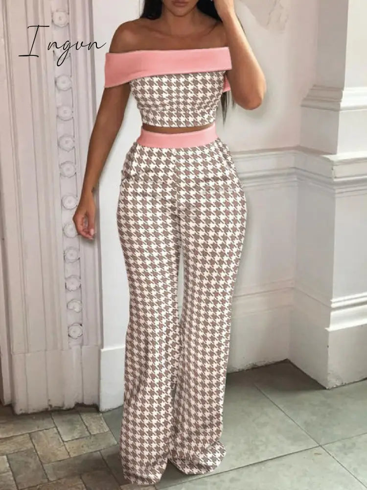 Ingvn - Matching Set Women Slash Neck Pullover Top High Elastic Waist Wide Leg Pants Ladies Outfit