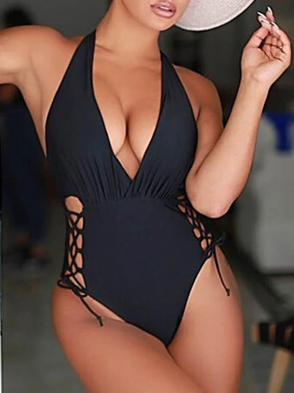 Solid Color Bandage Hollow Deep V-Neck One-Piece Swimwear 