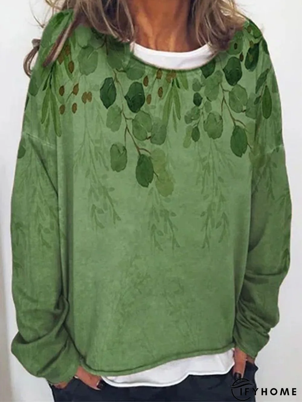 Green Leaves Printed Casual Long Sleeve Round Neck Shift Tops | IFYHOME