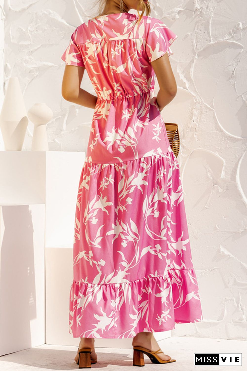 Casual Floral Bandage Buttons V Neck A Line Dresses