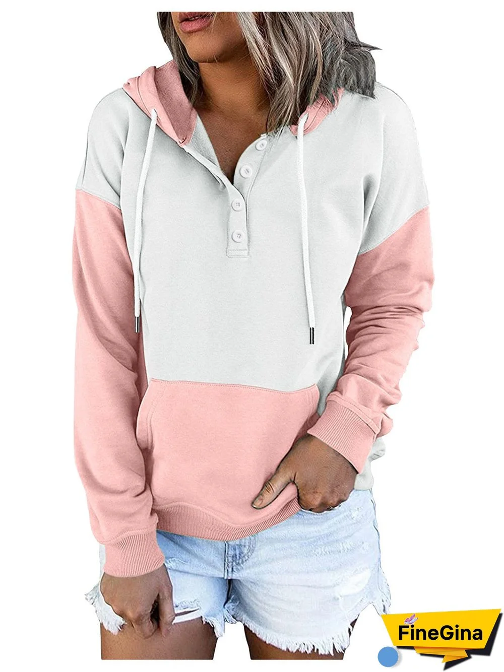 Women's Long sleeves V-neck Colorblock Stitching Hoodid Top