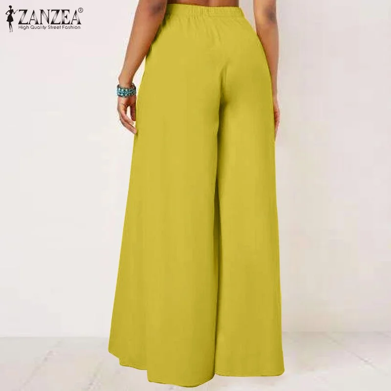 ZANZEA Summer Wide Leg Pants Women High Waist Long Trousers Casual Solid Pleated Pantalon Elegant Flare Pant Streetwear Oversize
