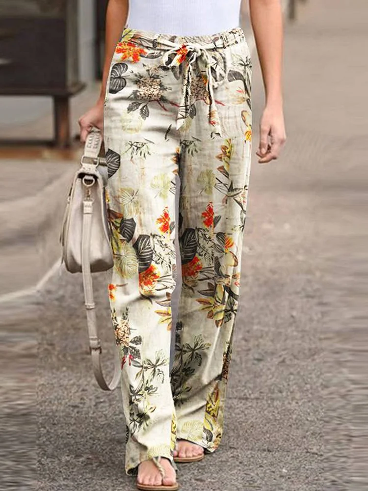 Women's Floral Pattern Elastic Waist Casual Pants