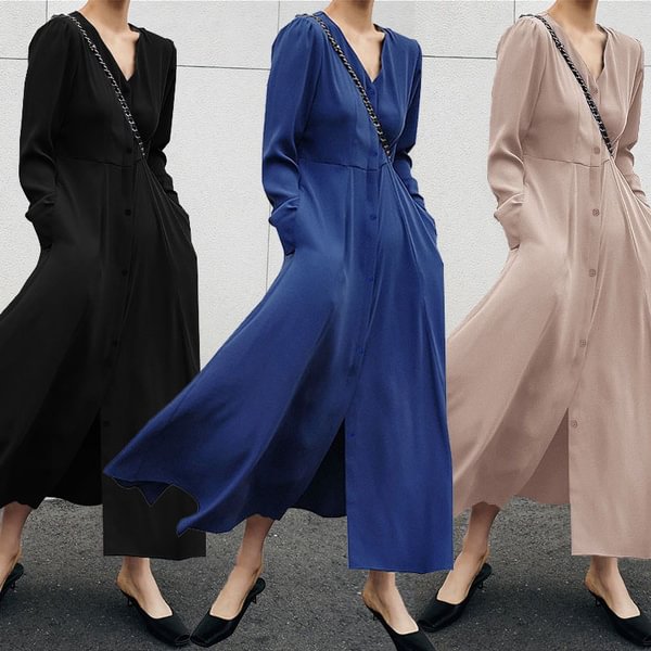 Women Autumn Dress Vintage V-neck Lace Up Sundress Loose Party Dresses - Shop Trendy Women's Clothing | LoverChic