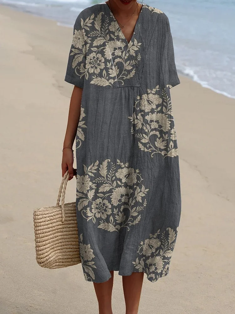 Round Floral Combination Decorative Pattern Flowy Dress
