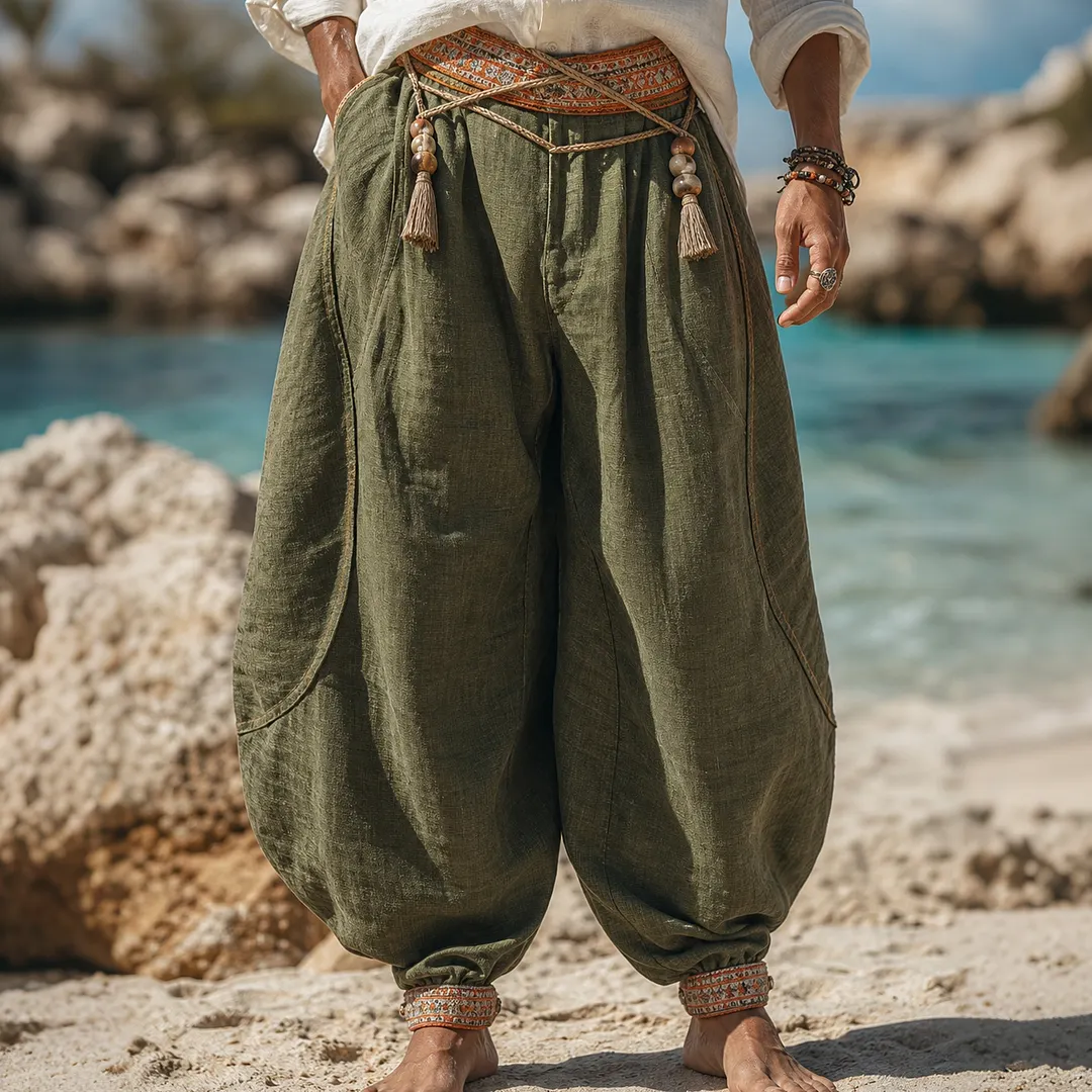 Olive Green Linen Blend Harem Pants &ndash; Wide-Leg, High-Waisted, Bohemian Style For Beach & Summer Casual Wear-INSPIREUSE