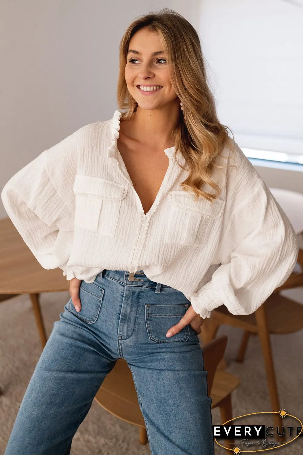 White Lace Trim Dotty Crinkle Texture Shirt