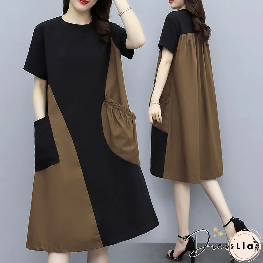 Contrast Stitching Dress In Long Large Size Loose Slim Belly Skirt