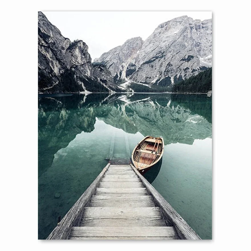 Scandinavian Travel Landscape Canvas Painting Mountain Boat Grass Nordic Poster Print Wall Art Picture Modern Living Room Decor