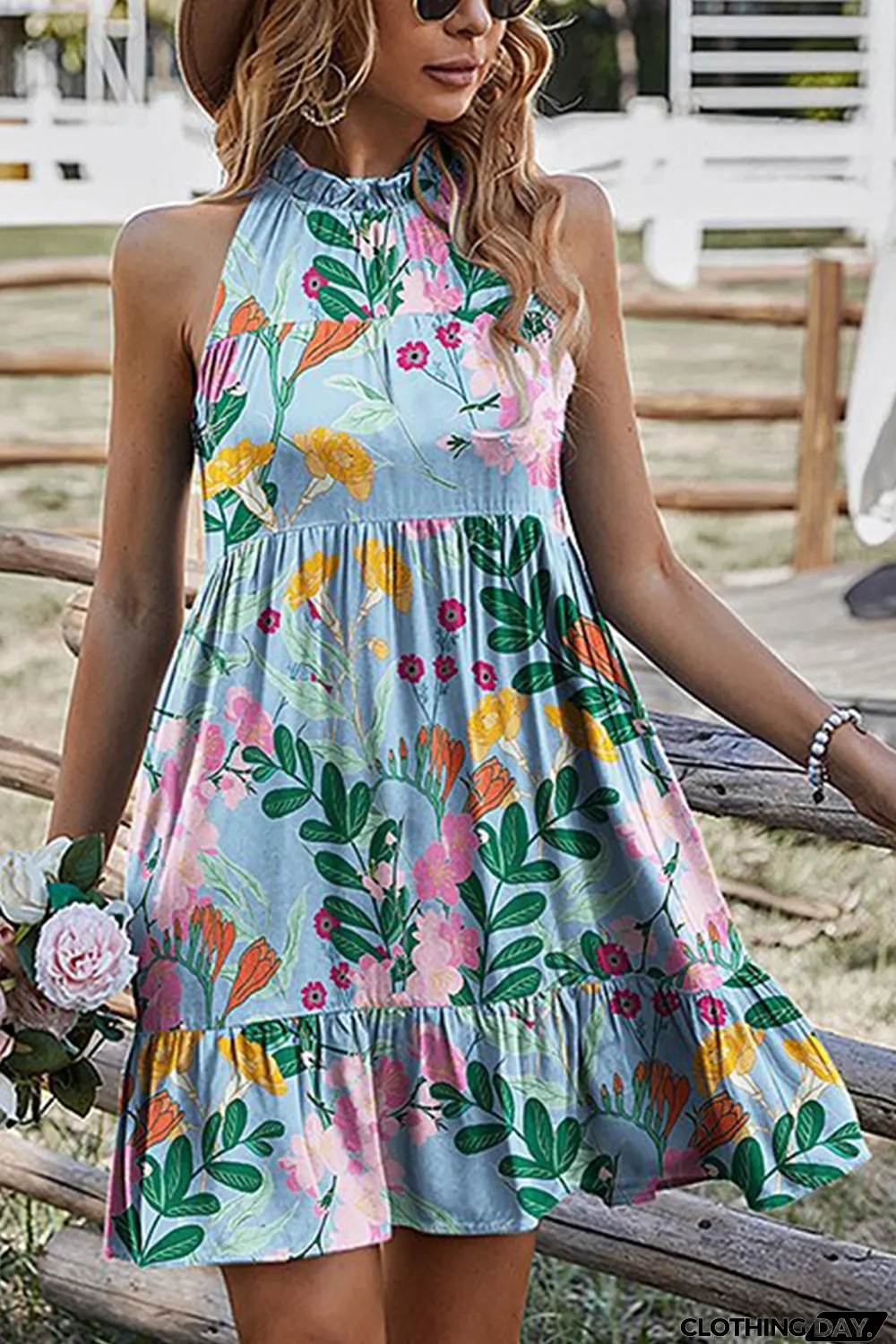 Sky Blue Floral Print Ruffled Lace-up Mock Neck Mini Dress