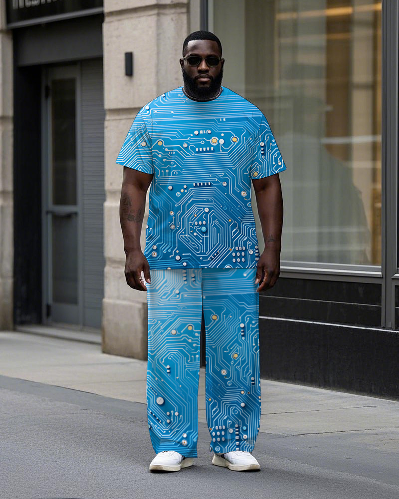 Men's Big and Tall Technology Circuit All Over Printed Short Sleeve T-shirt Pants Set