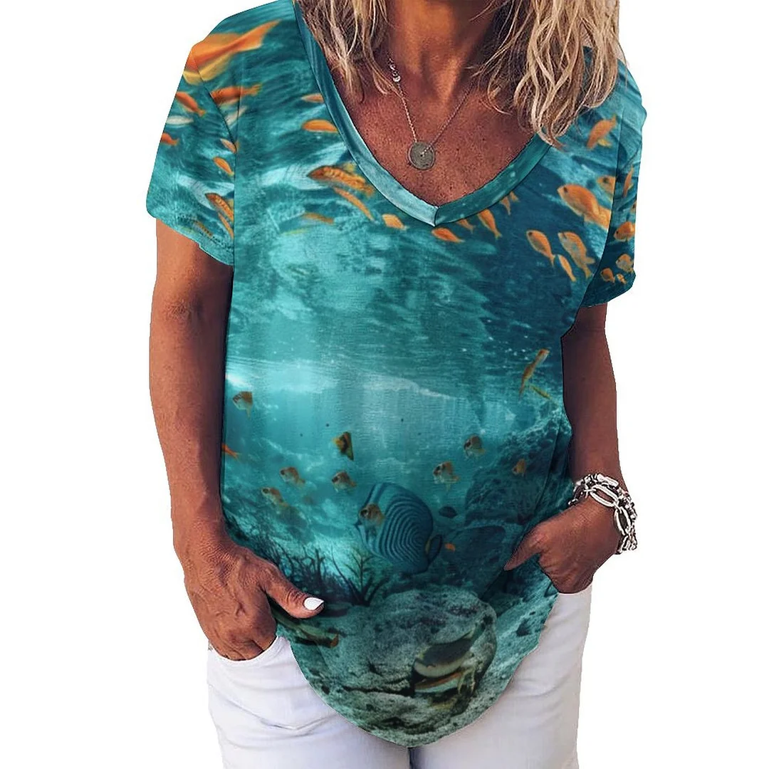 V-neck Short Sleeve Casual T-shirt for  Women Printed with Pattern Ocean, Blue, Sea, Fish