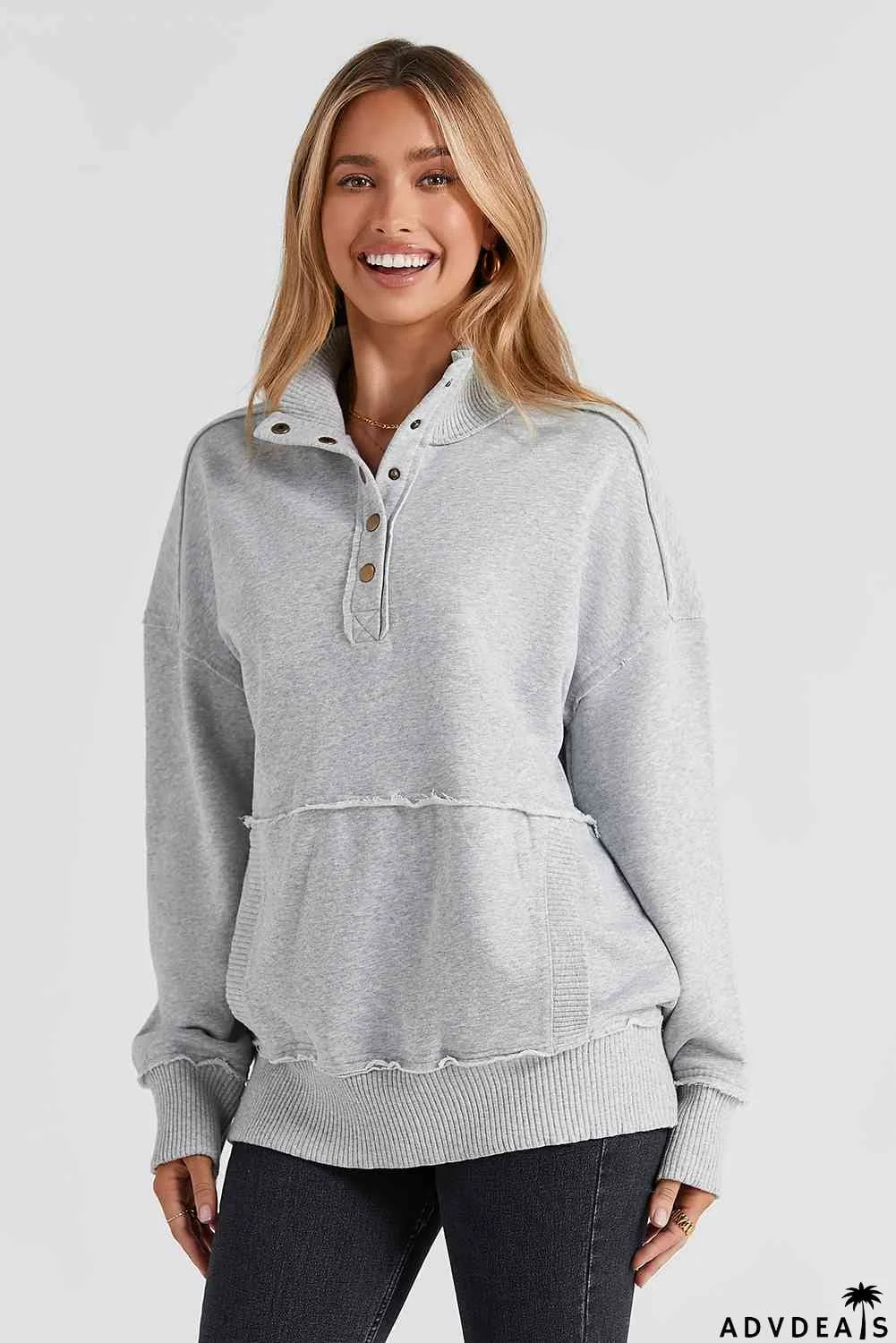 Half Snap Drop Shoulder Long Sleeve Sweatshirt