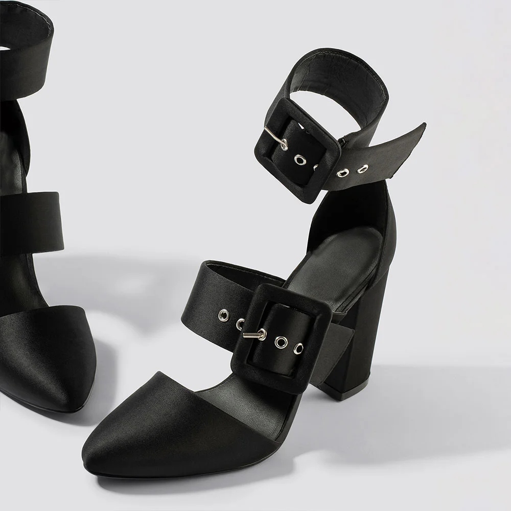 YDN Stylish Black Satin Almond Toe Buckle Strap Chunky Heels
