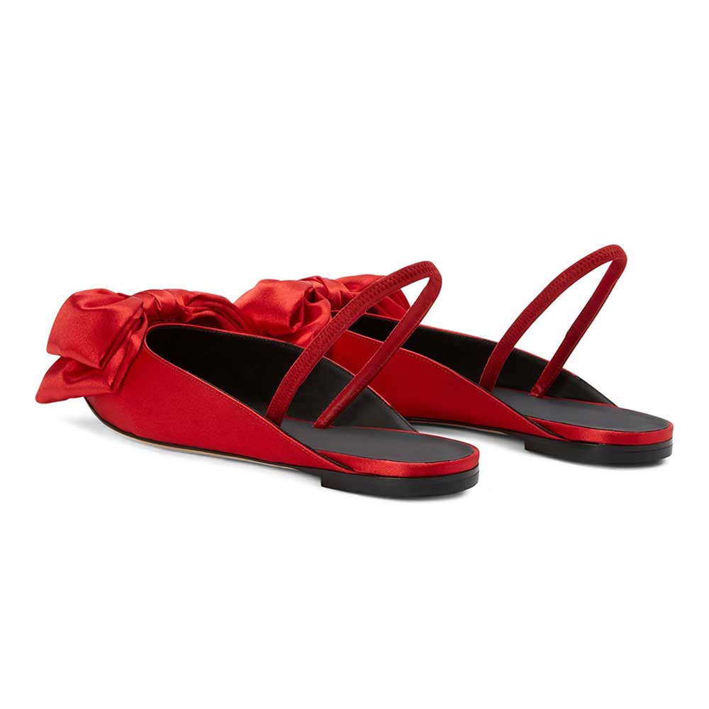 Red Satin Bow Inlay Pointed-Toe Slingback Backless Slingback Flats Nicepairs