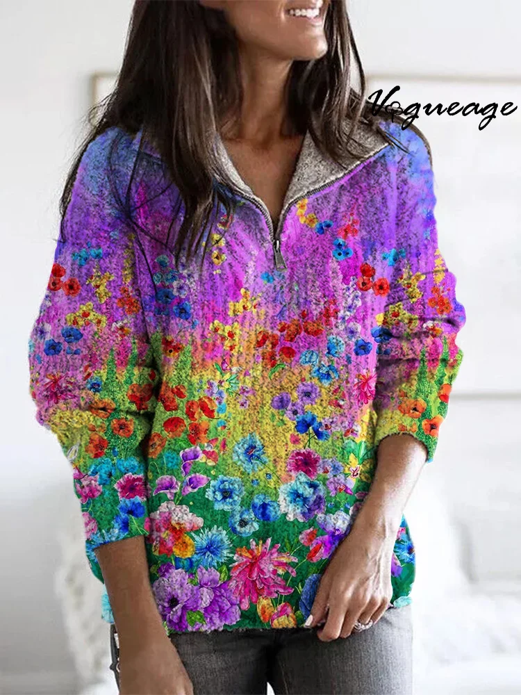 Bright Oil Painting Small Florals Zippered Long-Sleeved Sweater