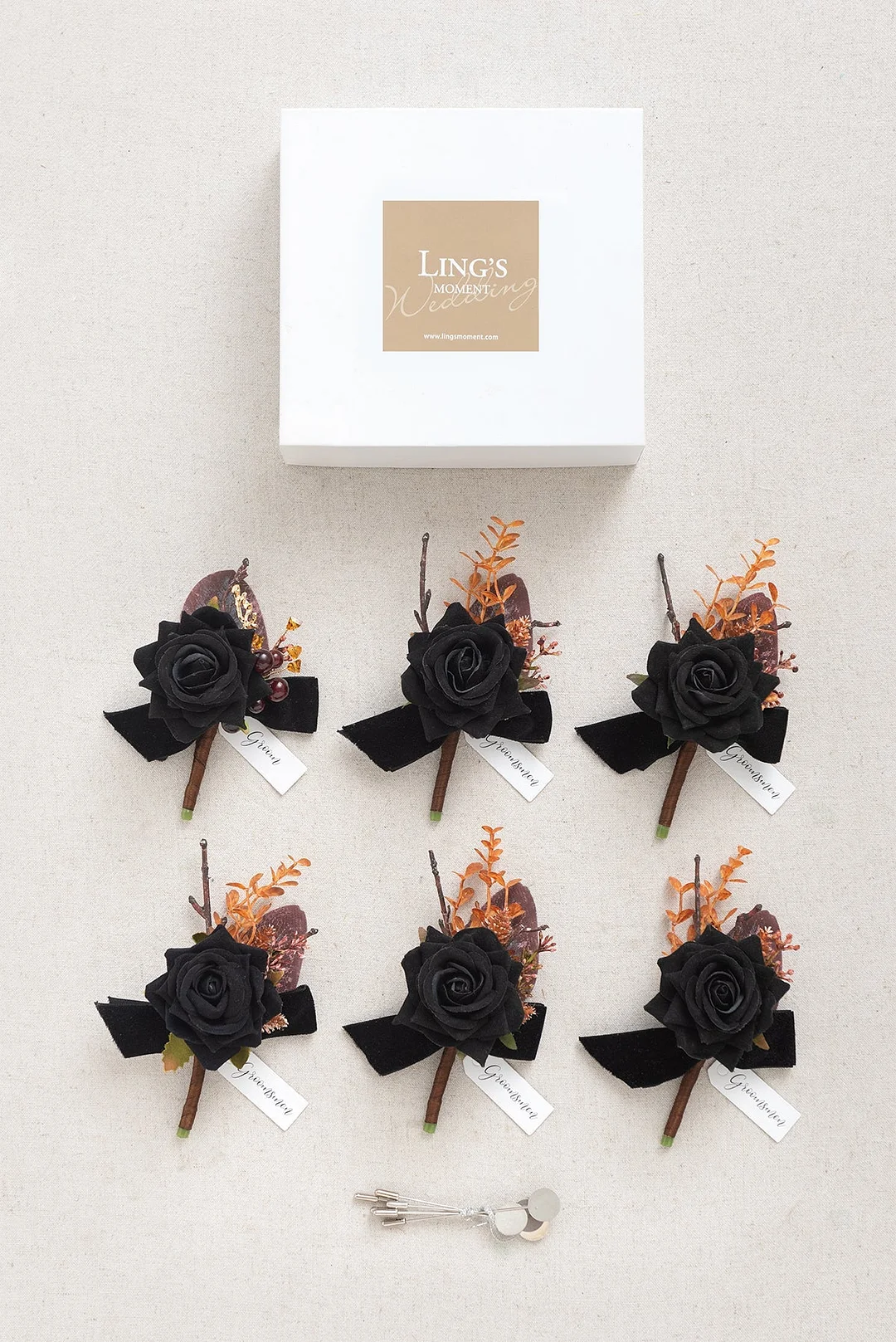 Boutonnieres in Black & Pumpkin Orange