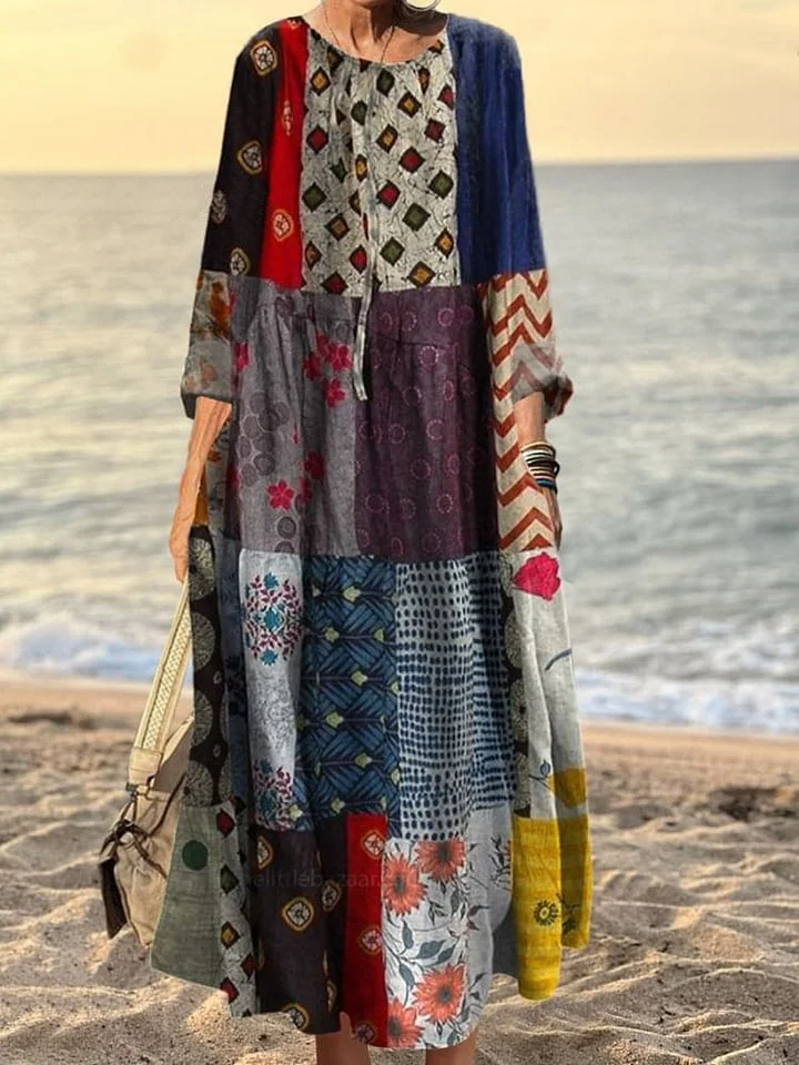 Women's Vintage Patchwork Art Print Pocket Cotton Dress