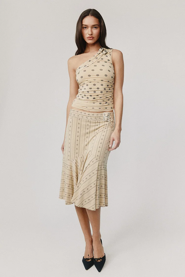 Polka Dot Print One Shoulder Top Floral Stripe Midi Skirt Set-Beige [Pre Order]