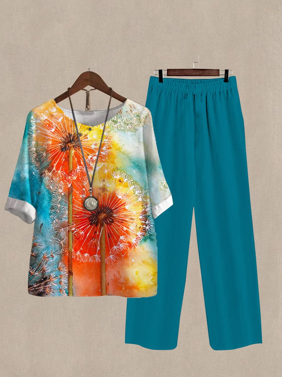 Women's Dandelion Print Half Sleeve Top And Casual Pants Linen Two Pieces