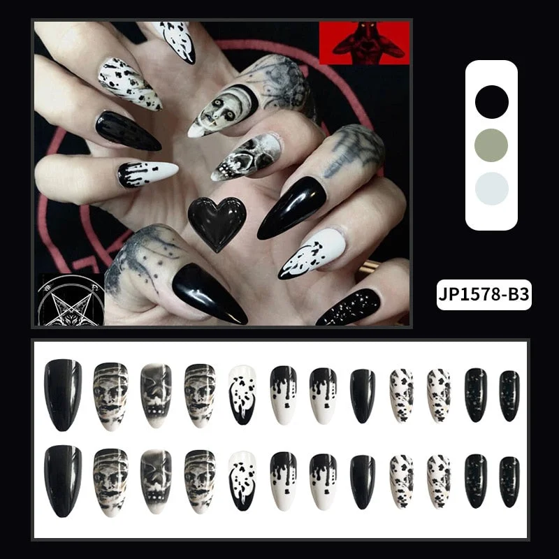 24PCS Dark Punk False Nails with Glue Gradient Long Detachable Fire Dragon  on Nails Skull Flame Art DIY Fashion Manicure Tool-Nail Inspo