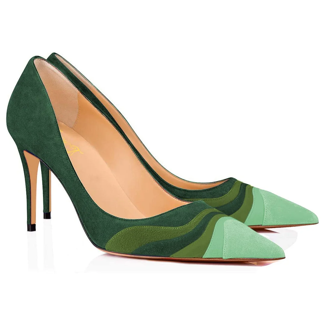 Gradient Green Pointed Toe Suede Pumps Women's Classic Stiletto Heels Nicepairs