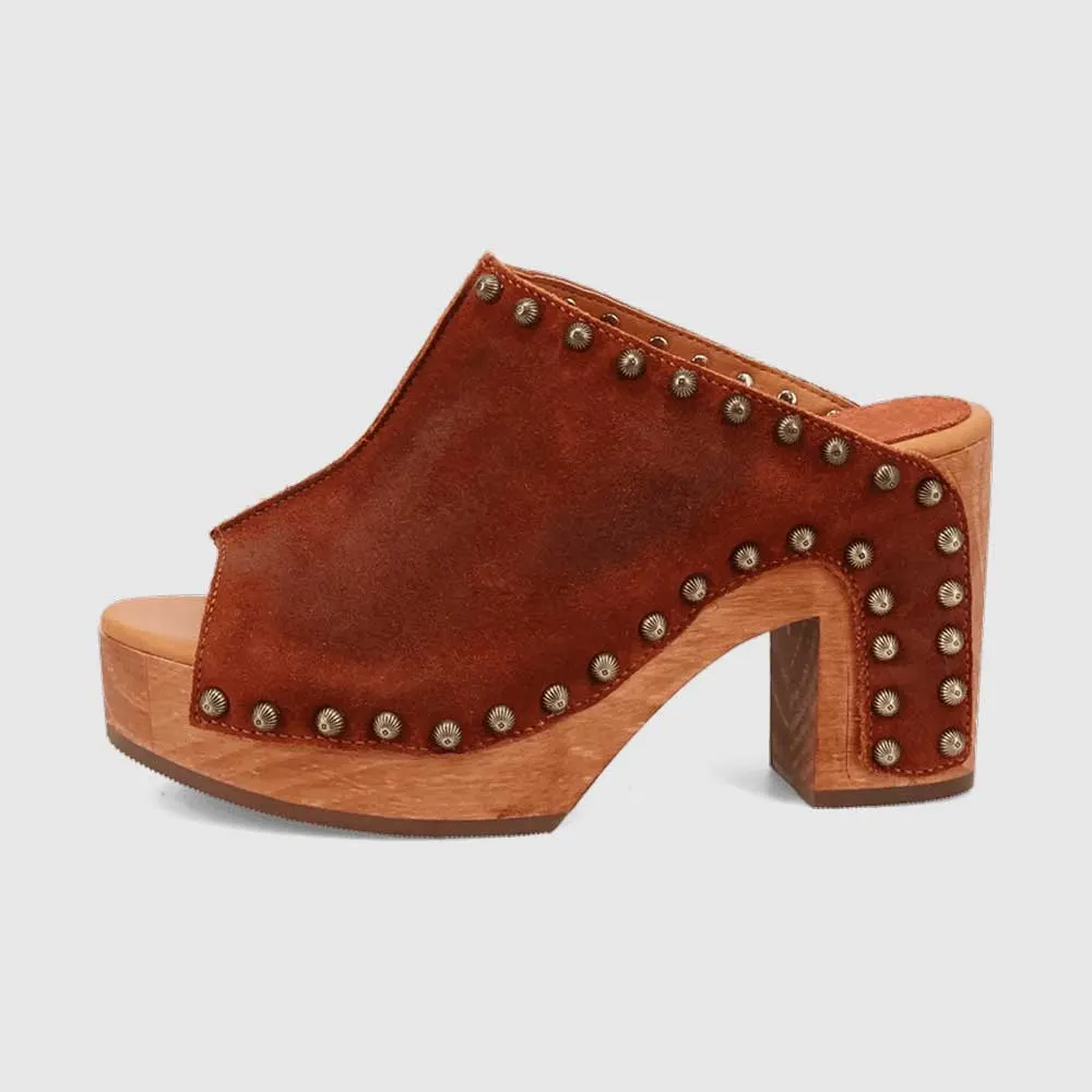 Tan Vegan Suede Studded Wide Strap Platform Women's Heel Sandals