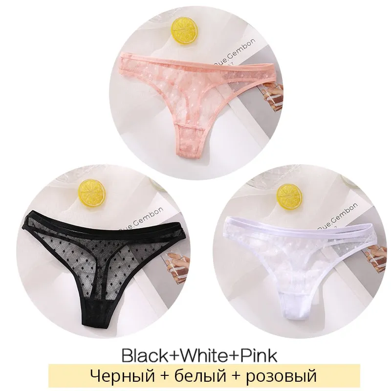 FINETOO Sexy Lace Thongs Women 3Pcs/set Transparent G-string Panties Dots Lace T-back Underwear Fashion Female Underpants M-XL