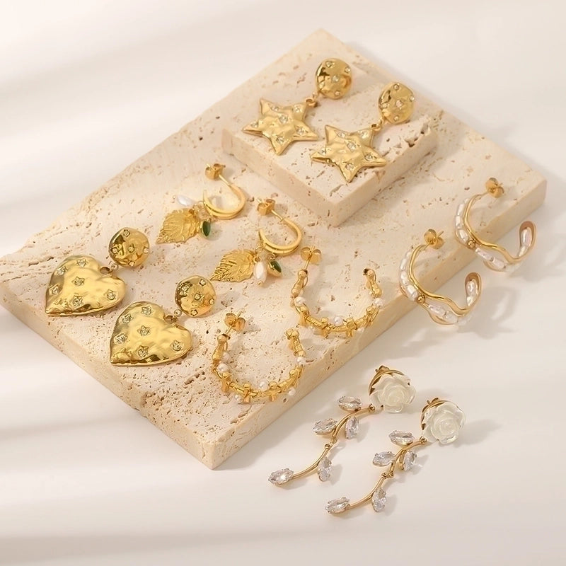 1 Pair Hip-Hop Vintage Style Classic Style Leaves Heart Shape Flower Tassel Plating Inlay Stainless Steel Zircon 18K Gold Plated Earrings