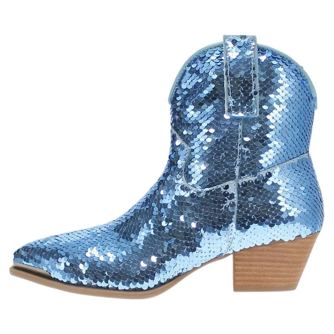 Blue Chunky Low Heel Sequin Cowboy Boots for Women with Zipper