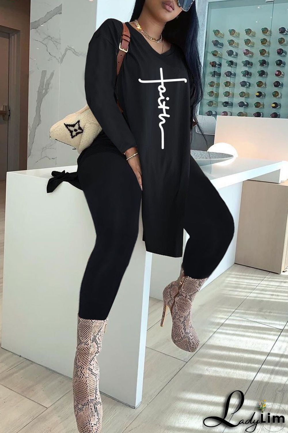 Coffee Casual Print Patchwork Slit V Neck Long Sleeve Two Pieces