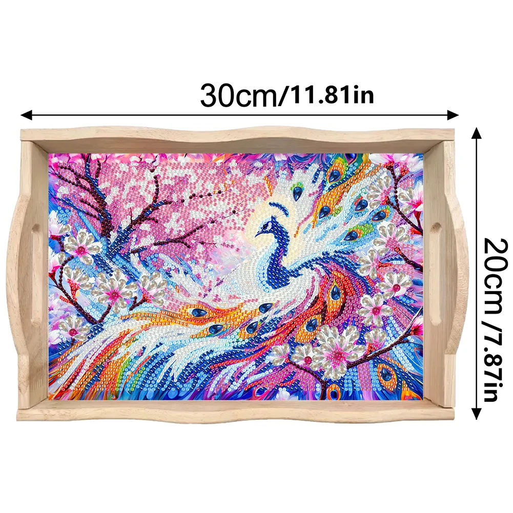 Wooden Peach Blossom Peacock 5D DIY Diamond Painting Tray Art Craft with Handle