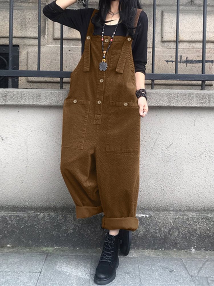 Solid Color Button Pocket Sleeveless Casual Corduroy Jumpsuit for Women