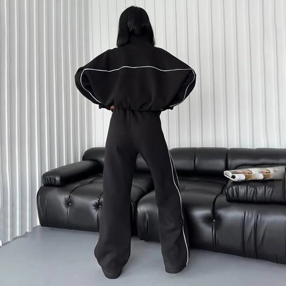 Casual Set Long Sleeve Half High Neck Cardigan Sweatshirt Lace Up Striped Pants